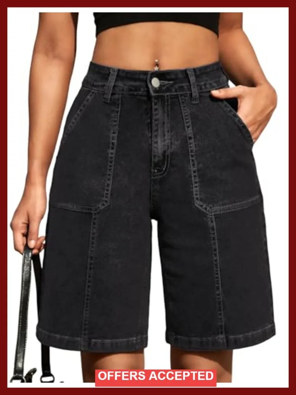 High Waist Bermuda Denim Shorts with Pockets Long Knee Length Summer Jean Shorts